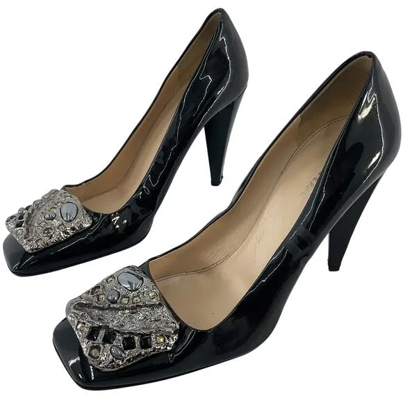 Prada Black Patent Leather Crystal Embellishment Pumps Women's Size 11 Preowned