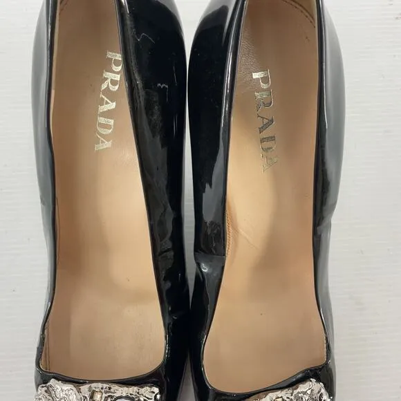 Prada Black Patent Leather Crystal Embellishment Pumps Women's Size 11 Preowned