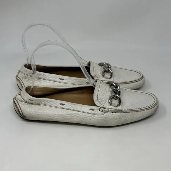 Prada Driving Moccasins Loafers Womens 6.5 EU 36.5 Winter White Leather Italy