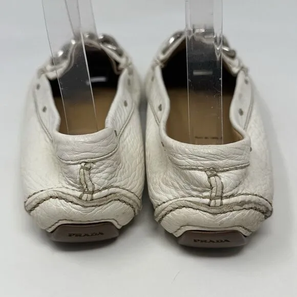 Prada Driving Moccasins Loafers Womens 6.5 EU 36.5 Winter White Leather Italy