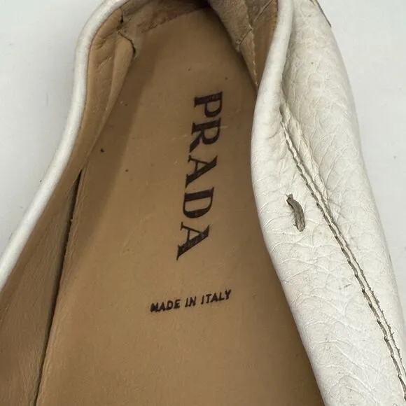Prada Driving Moccasins Loafers Womens 6.5 EU 36.5 Winter White Leather Italy