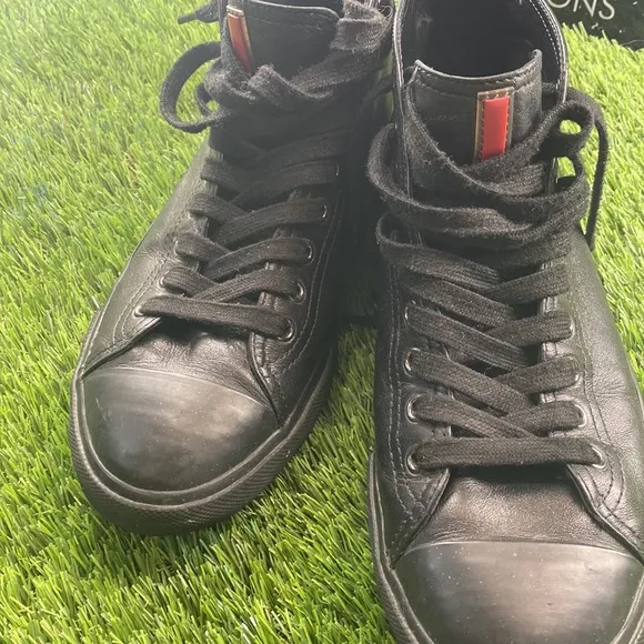PRADA NAPPA leather black lace up high sneaker shoes.  4T 2583 .