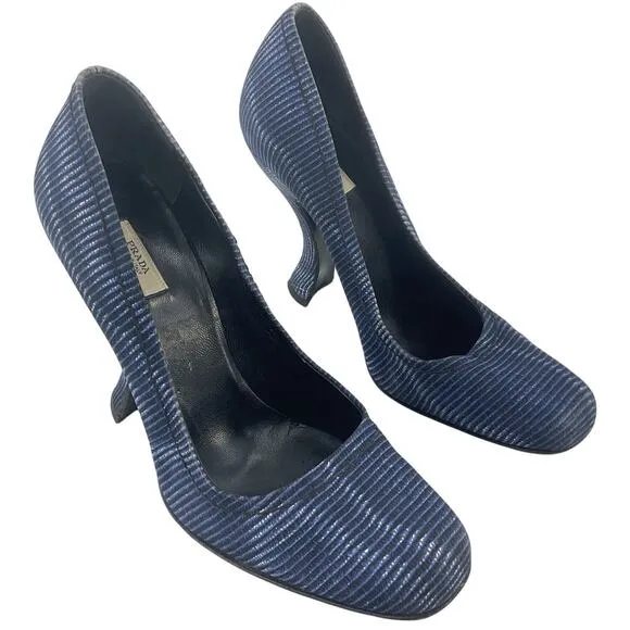 PRADA Vintage 2004 Runway Blue Silk Pump Heels Women's Size 8 Designer Preowned