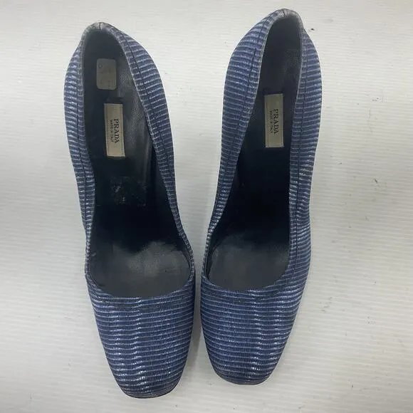 PRADA Vintage 2004 Runway Blue Silk Pump Heels Women's Size 8 Designer Preowned