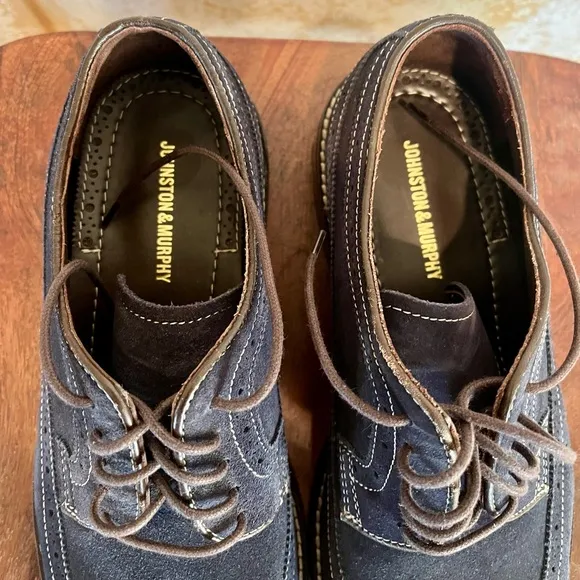 PREOWNED Johnston &amp; Murphy Wingtip Oxford  Shoes Mens 10‎.5 Blue suede wore once
