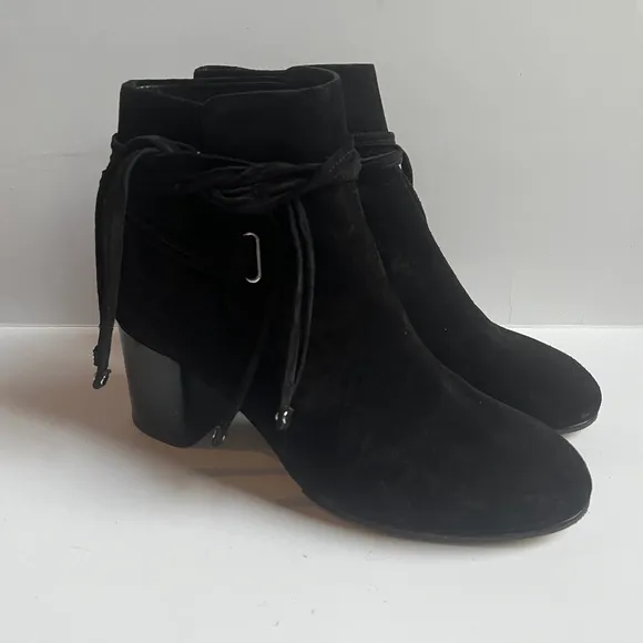 Rag‎ &amp; Bone Dalia II Black Suede Ankle Boots Stud Tipped Wrap Around Strap Shoes