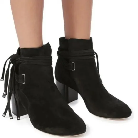 Rag‎ &amp; Bone Dalia II Black Suede Ankle Boots Stud Tipped Wrap Around Strap Shoes