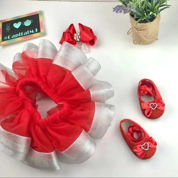 Red &amp; Silver Tutu w/matching Soft Shoes &amp; Bow