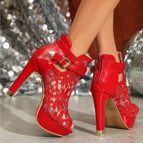 Red High-Heeled Single Shoes For Women, Water Resistant