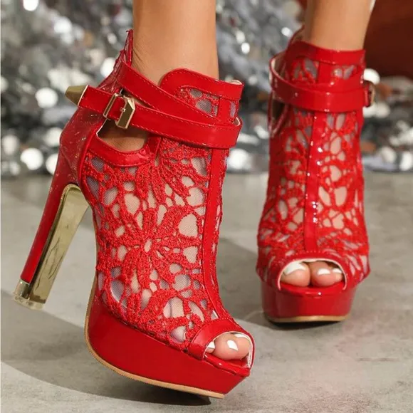 Red High-Heeled Single Shoes For Women, Water Resistant