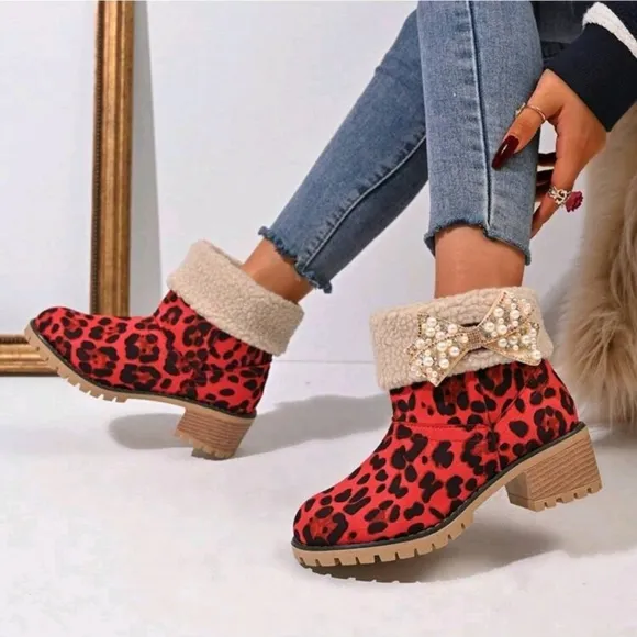Red Women's Fashion Versatile Plush Warm Rhinestone &amp; Faux Pearl Decor Anti-Slip