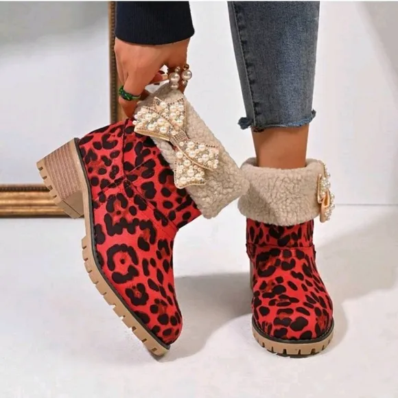 Red Women's Fashion Versatile Plush Warm Rhinestone &amp; Faux Pearl Decor Anti-Slip