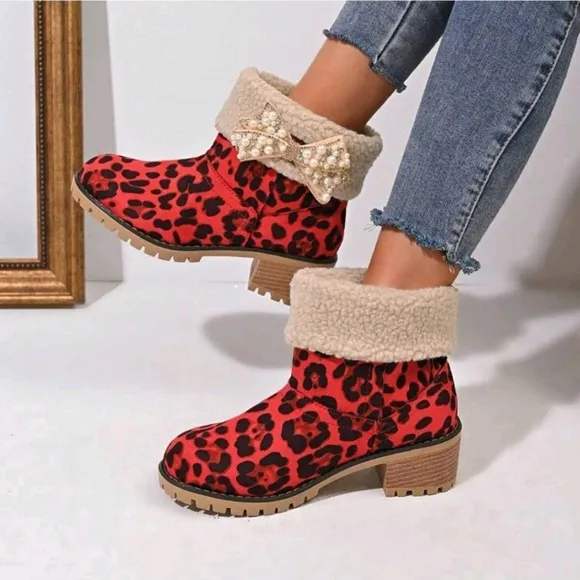 Red Women's Fashion Versatile Plush Warm Rhinestone &amp; Faux Pearl Decor Anti-Slip