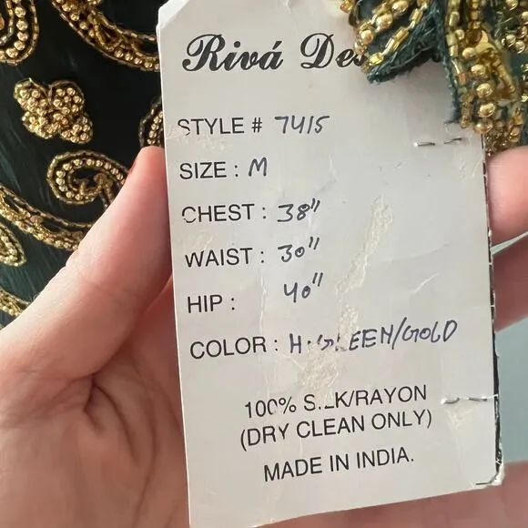 Riva Design Vintage 80s Silk Beaded Long Dress-Green/Gold-Medium-NEW-DEADSTOCK
