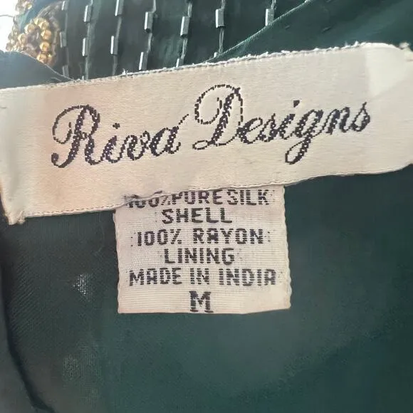 Riva Design Vintage 80s Silk Beaded Long Dress-Green/Gold-Medium-NEW-DEADSTOCK
