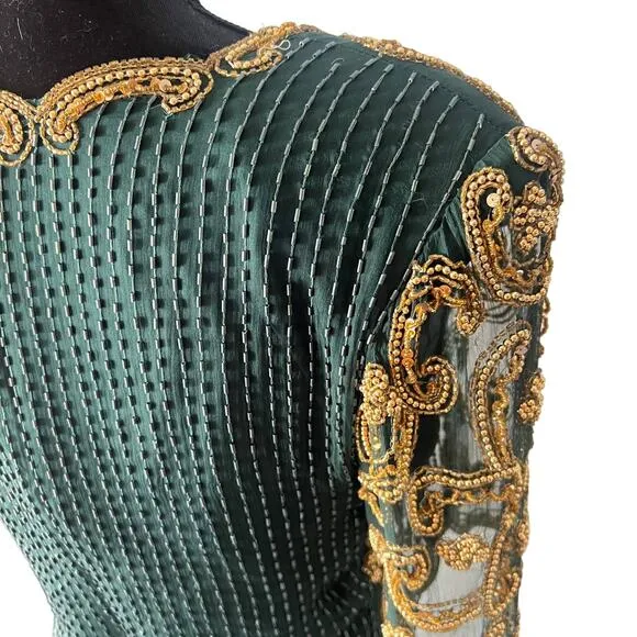 Riva Design Vintage 80s Silk Beaded Long Dress-Green/Gold-Medium-NEW-DEADSTOCK