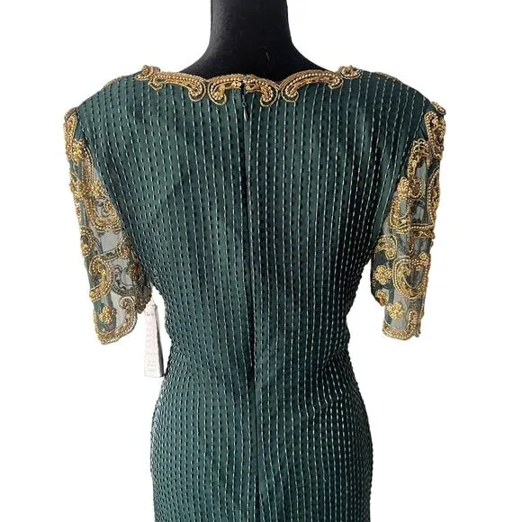 Riva Design Vintage 80s Silk Beaded Long Dress-Green/Gold-Medium-NEW-DEADSTOCK