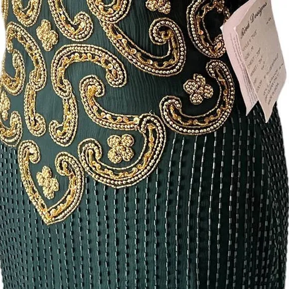 Riva Design Vintage 80s Silk Beaded Long Dress-Green/Gold-Medium-NEW-DEADSTOCK