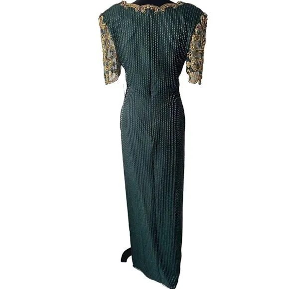 Riva Design Vintage 80s Silk Beaded Long Dress-Green/Gold-Medium-NEW-DEADSTOCK
