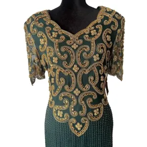 Riva Design Vintage 80s Silk Beaded Long Dress-Green/Gold-Medium-NEW-DEADSTOCK