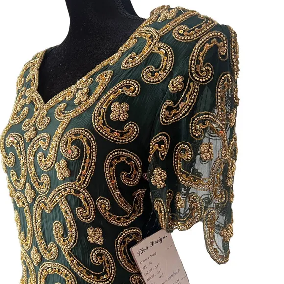 Riva Design Vintage 80s Silk Beaded Long Dress-Green/Gold-Medium-NEW-DEADSTOCK