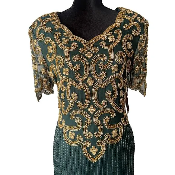 Riva Design Vintage 80s Silk Beaded Long Dress-Green/Gold-Medium-NEW-DEADSTOCK