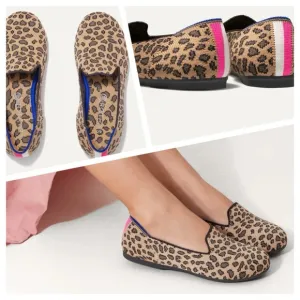 Rothys Girl's Brown Knit Leopard Cheetah Print Slip on Flat Loafer Shoes Size 4
