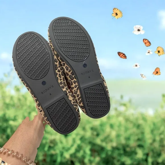 Rothys Girl's Brown Knit Leopard Cheetah Print Slip on Flat Loafer Shoes Size 4