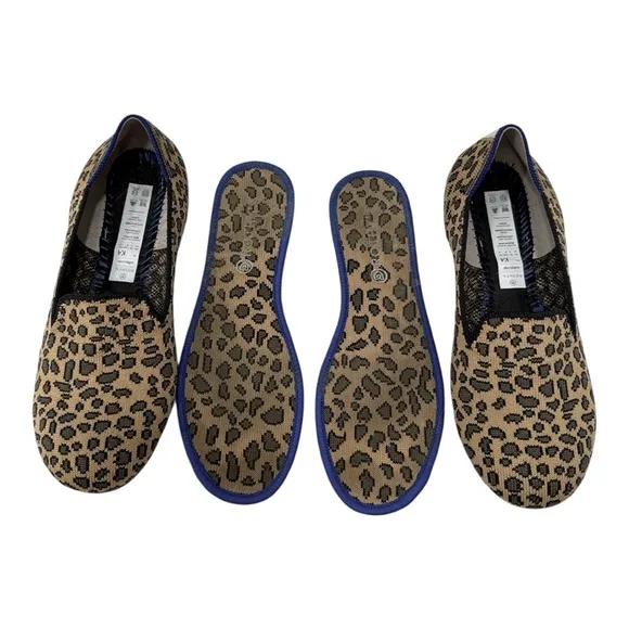 Rothys Girl's Brown Knit Leopard Cheetah Print Slip on Flat Loafer Shoes Size 4