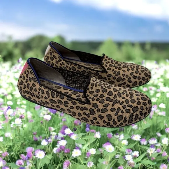 Rothys Girl's Brown Knit Leopard Cheetah Print Slip on Flat Loafer Shoes Size 4
