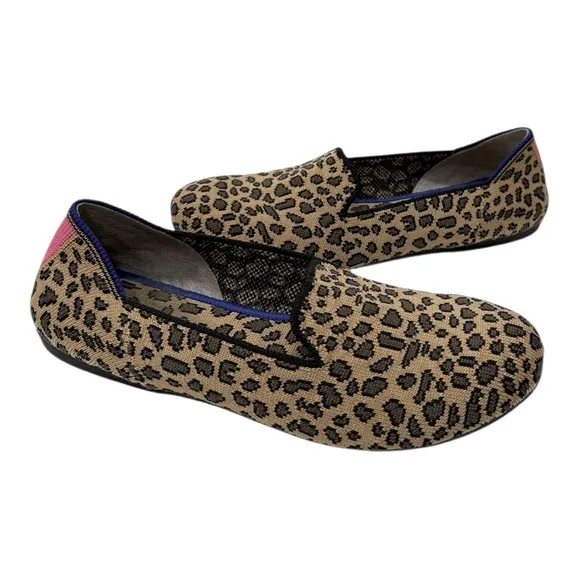 Rothys Girl's Brown Knit Leopard Cheetah Print Slip on Flat Loafer Shoes Size 4