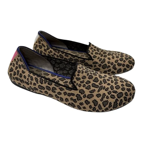 Rothys Girl's Brown Knit Leopard Cheetah Print Slip on Flat Loafer Shoes Size 4