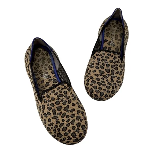 Rothys Girl's Brown Knit Leopard Cheetah Print Slip on Flat Loafer Shoes Size 4