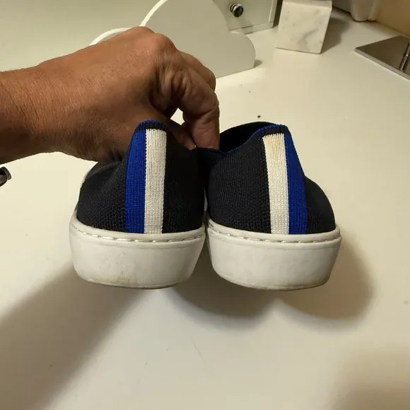 Rothys | The Original Slip On Loafers | Black | Blue White HeelStripe SZ 9