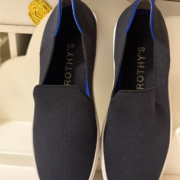 Rothys | The Original Slip On Loafers | Black | Blue White HeelStripe SZ 9