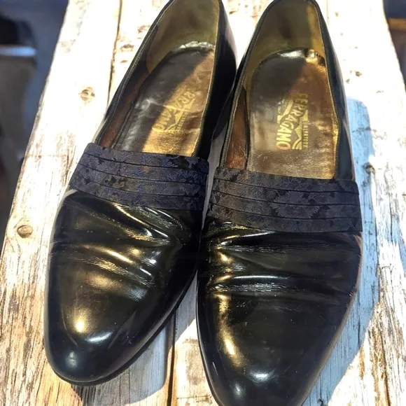 SALVATORE FERRAGAMO BLACK PATENT LEATHER TOXEDO LOAFER DRESS SHOES Size 12D