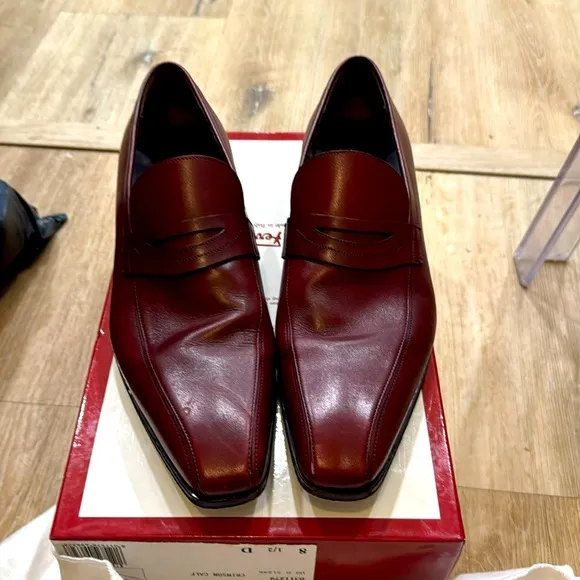 Salvatore Ferragamo Loafers Mens 8.5 D Auda  Leather  Crimson Calf Made in Italy