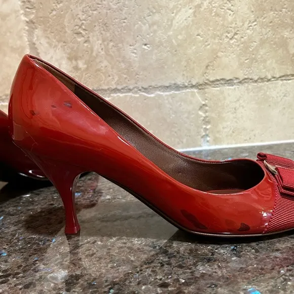 Salvatore Ferragamo Red Patent Leather Peep Toe Pumps