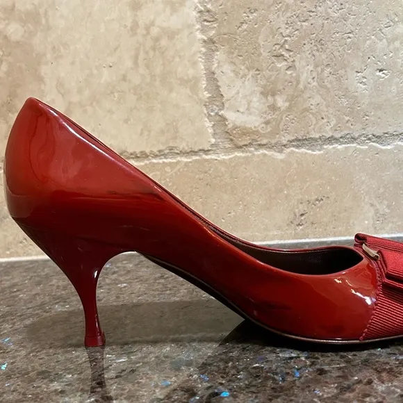 Salvatore Ferragamo Red Patent Leather Peep Toe Pumps