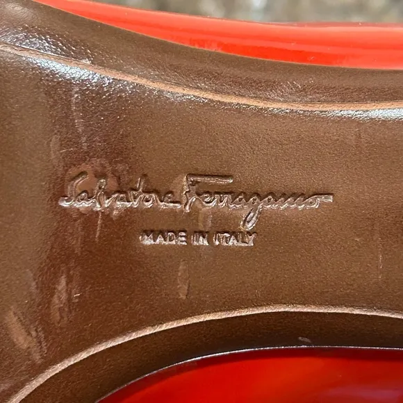 Salvatore Ferragamo Red Patent Leather Peep Toe Pumps