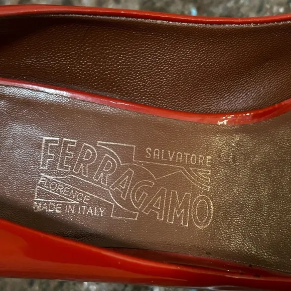 Salvatore Ferragamo Red Patent Leather Peep Toe Pumps