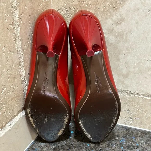Salvatore Ferragamo Red Patent Leather Peep Toe Pumps
