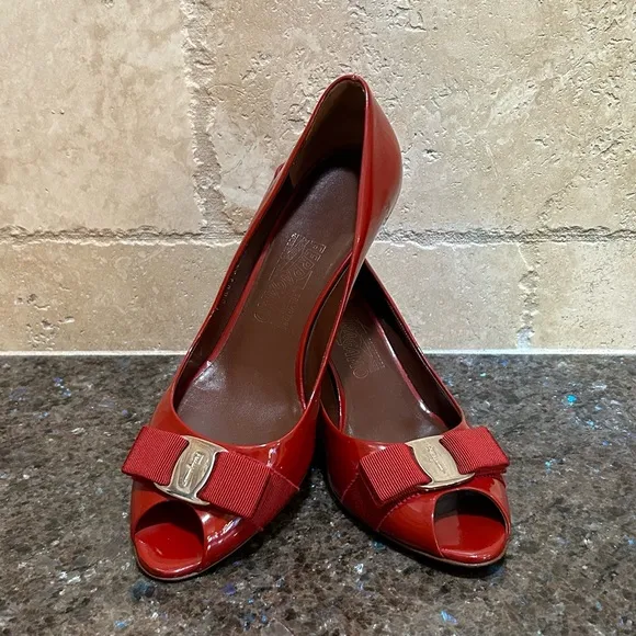 Salvatore Ferragamo Red Patent Leather Peep Toe Pumps