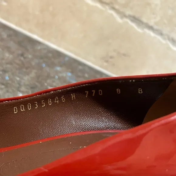 Salvatore Ferragamo Red Patent Leather Peep Toe Pumps