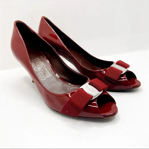 Salvatore Ferragamo Red Patent Leather Peep Toe Pumps