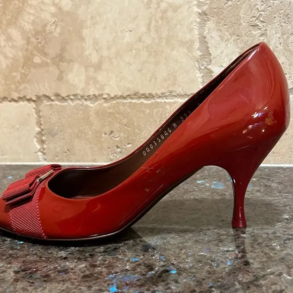 Salvatore Ferragamo Red Patent Leather Peep Toe Pumps