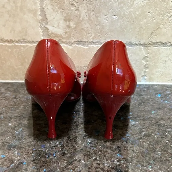 Salvatore Ferragamo Red Patent Leather Peep Toe Pumps
