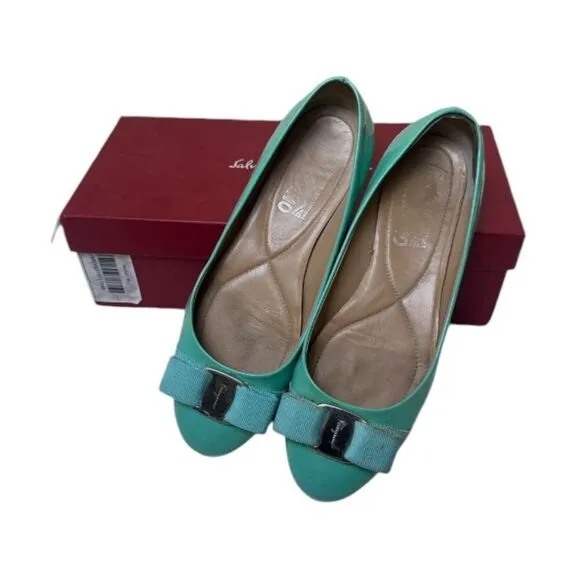 SALVATORE FERRAGAMO Turquoise Patent Lather Varina Ballet Flats