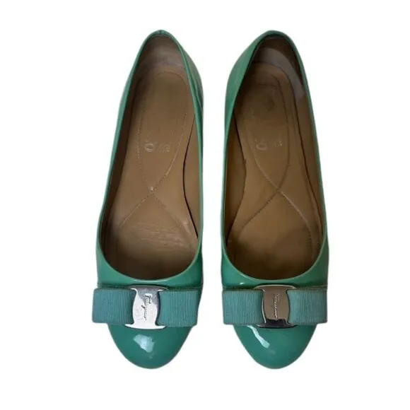 SALVATORE FERRAGAMO Turquoise Patent Lather Varina Ballet Flats