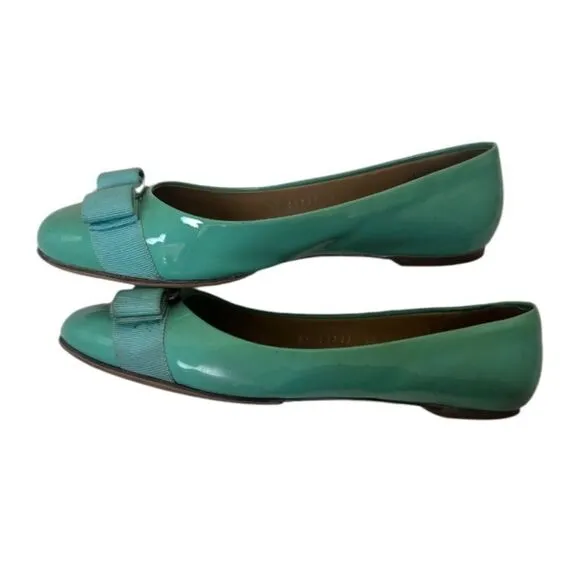 SALVATORE FERRAGAMO Turquoise Patent Lather Varina Ballet Flats